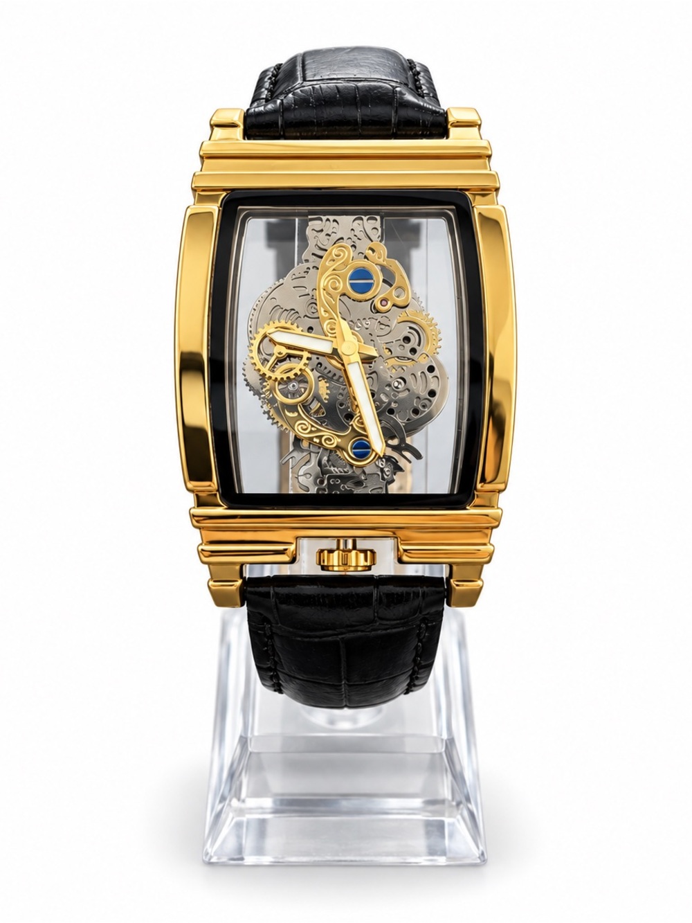 Men's Gold Skeleton Watch with Black Leather Strap